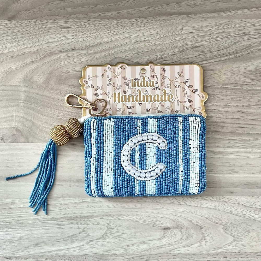 Beaded “C” Initial Keychain Pouch | Blue & White Stripe